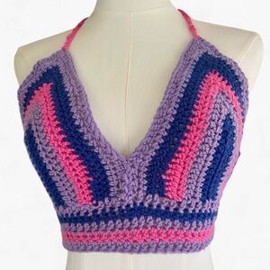 Y2K Crochet Knit Handmade Halter Plunge Bralette Indie Boho Hippie Festival S/M